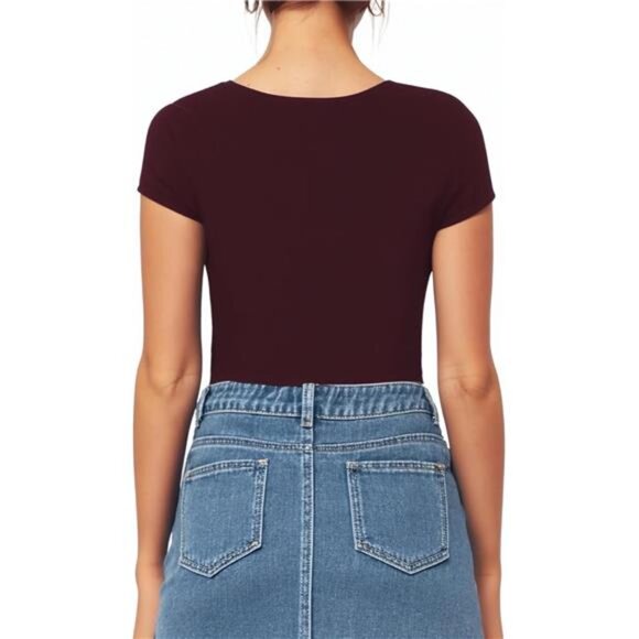 Women's Bodysuit Short Sleeve Shirt Tops Burgundy - Picture 3 of 5